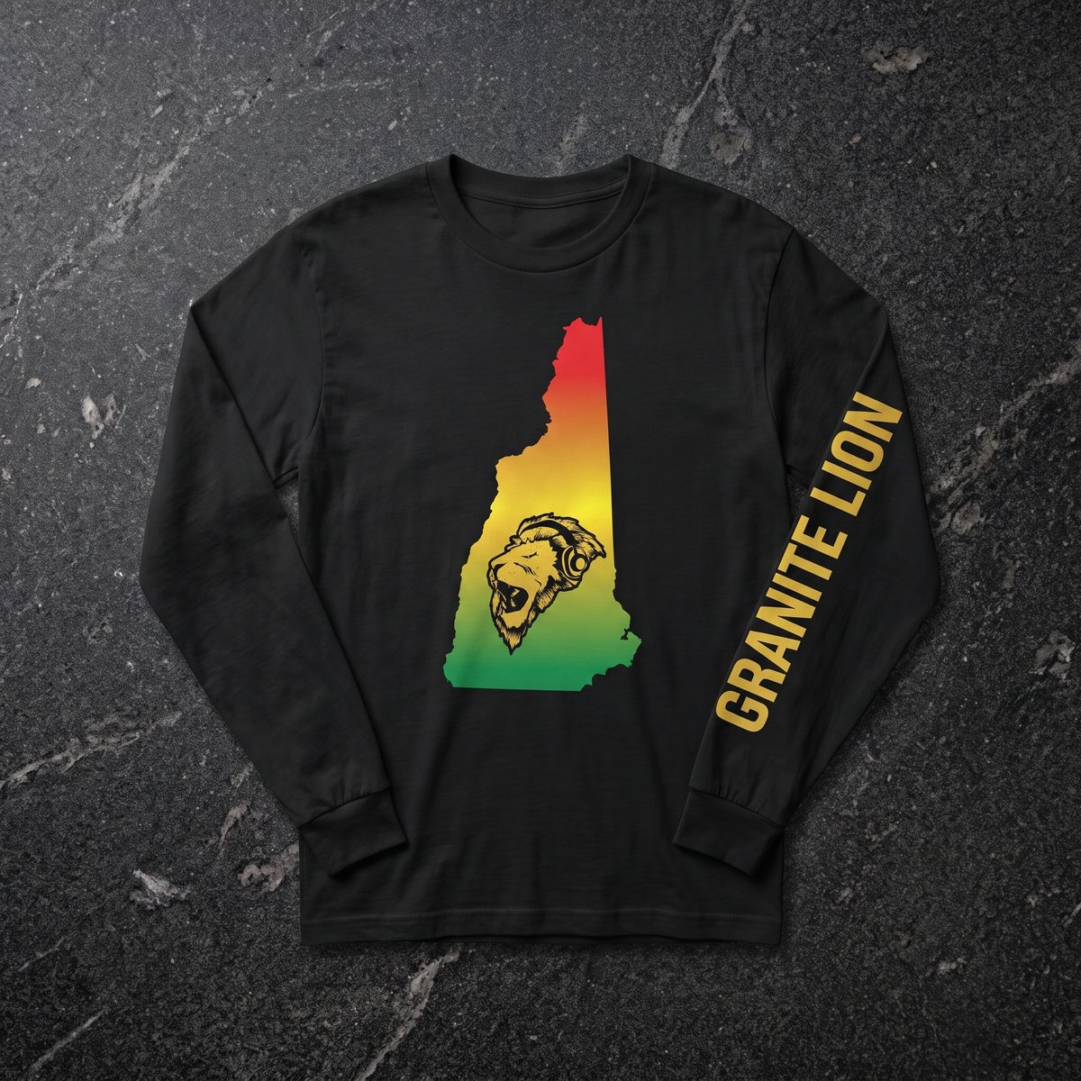 NH Outline Long Sleeve: black long sleeve with sunburst New Hampshire outline and Granite Lion sleeve print